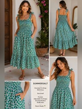Summersalt Resort Midi Dress Green White Print Smocked Bodice Tie Straps Small